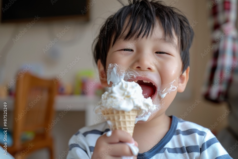 Child's eyes sparkle while eating ice cream. Joyful and cheerful boy charming smile beams happiness. Exuberance of childhood captured single radiant moment. Child's eyes sparkle while eating ice cream. Joyful and cheerful boy charming smile beams happiness. Exuberance of childhood captured single radiant moment.