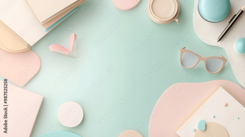 A flat lay of pastel colored objects on a blue background with copy space. A flat lay of pastel colored objects on a blue background with copy space.