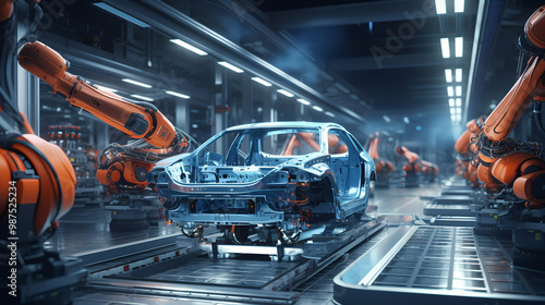 Industrial robots assembling cars