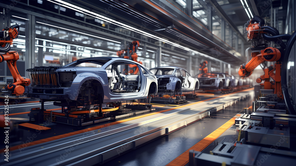 Naklejka premium Industrial robots assembling cars
