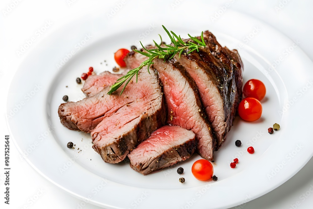 A close-up of a sliced grilled steak on a white plate with rosemary, cherry tomatoes, and peppercorns. A close-up of a sliced grilled steak on a white plate with rosemary, cherry tomatoes, and peppercorns.