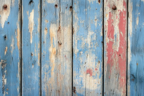 Weathered Wooden Planks with Peeling Blue, Red, and White Paint