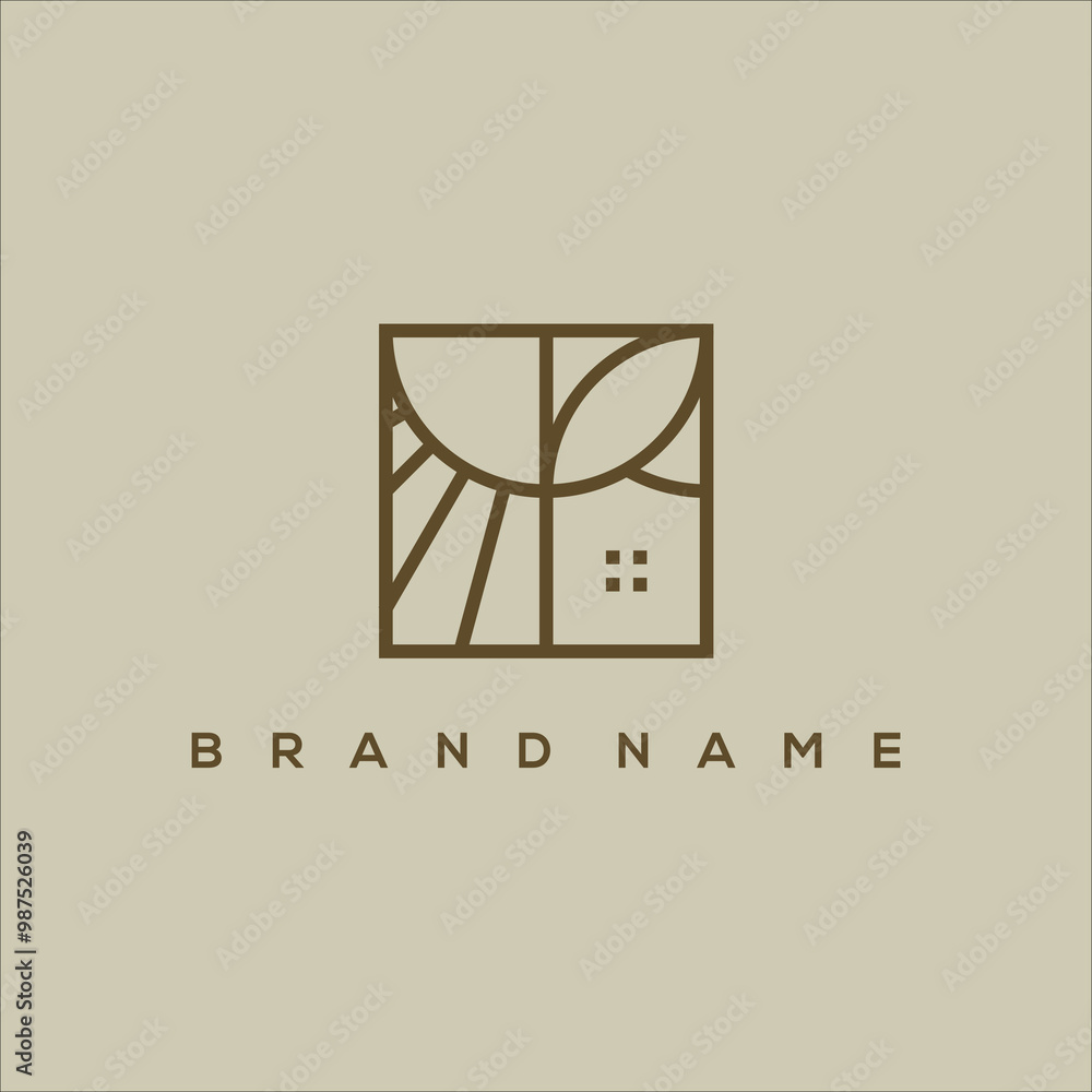 line art sun house and leaves in square vector logo line art sun house and leaves in square vector logo