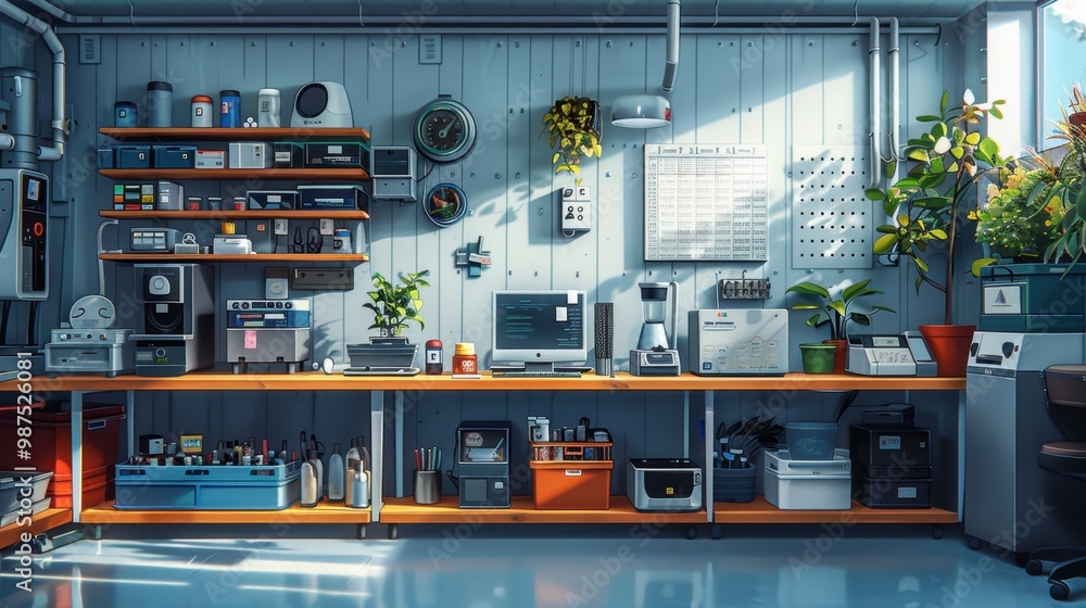 Modern laboratory workspace filled with scientific equipment, plants, and gadgets, illuminated by natural light through windows. Modern laboratory workspace filled with scientific equipment, plants, and gadgets, illuminated by natural light through windows.
