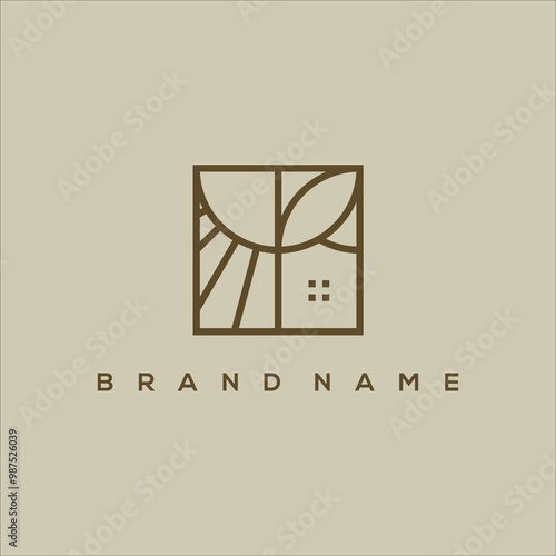 line art sun house and leaves in square vector logo