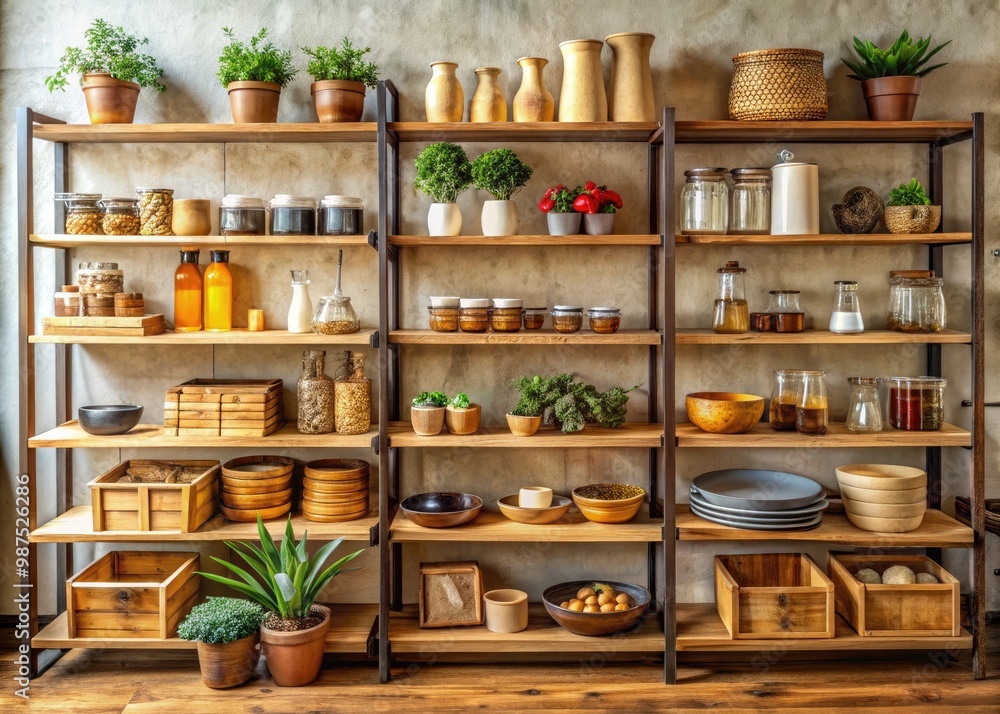 Brightly colored items are arranged neatly on wooden shelves against a vibrant, textured wall, creating a visually appealing and harmonious display of color and texture. Brightly colored items are arranged neatly on wooden shelves against a vibrant, textured wall, creating a visually appealing and harmonious display of color and texture.