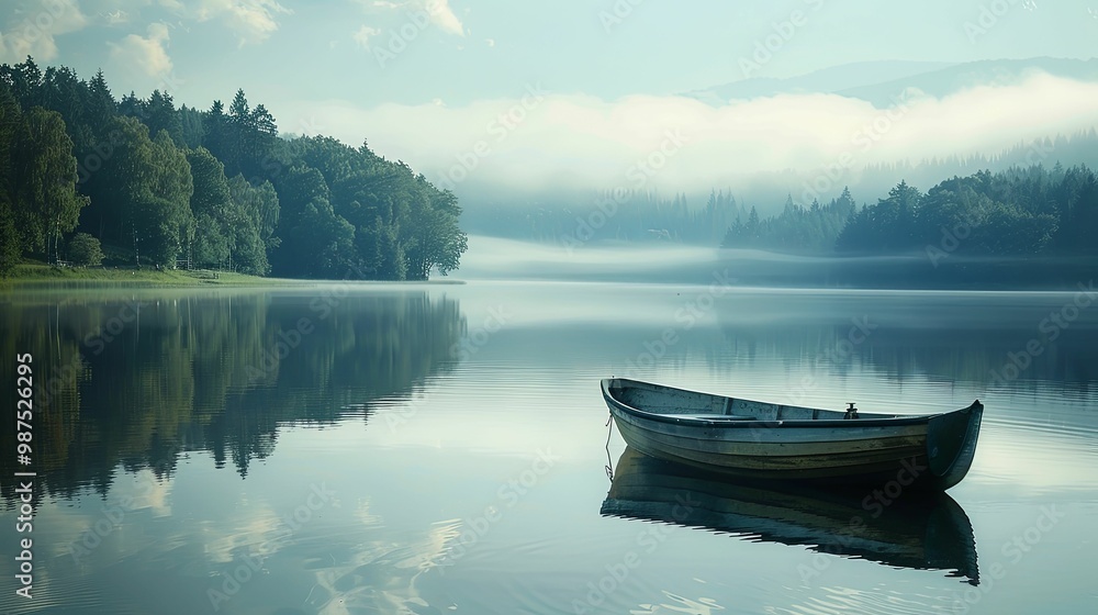 A Single Rowboat Anchored in a Misty Lake Surrounded by Forested Hills A Single Rowboat Anchored in a Misty Lake Surrounded by Forested Hills