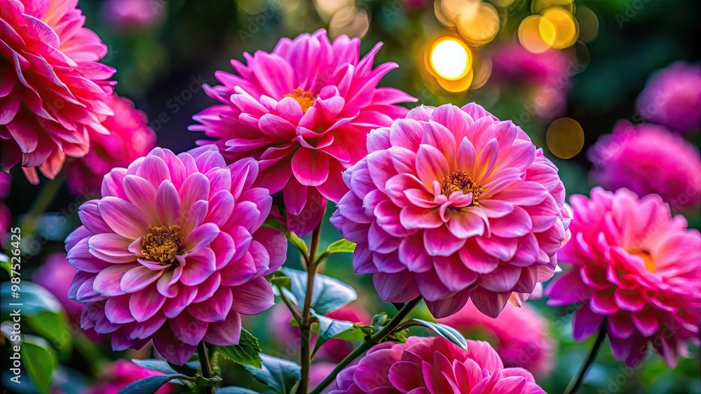 Fototapeta premium Bright natural light bathes vibrant pink P. Rosea blossoms in a lush garden setting, highlighting their beauty and creating a captivating and serene environment.