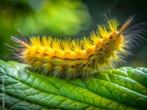 Close-up of a vibrant yellow hairy caterpillar resting on a green leaf in a lush natural environment