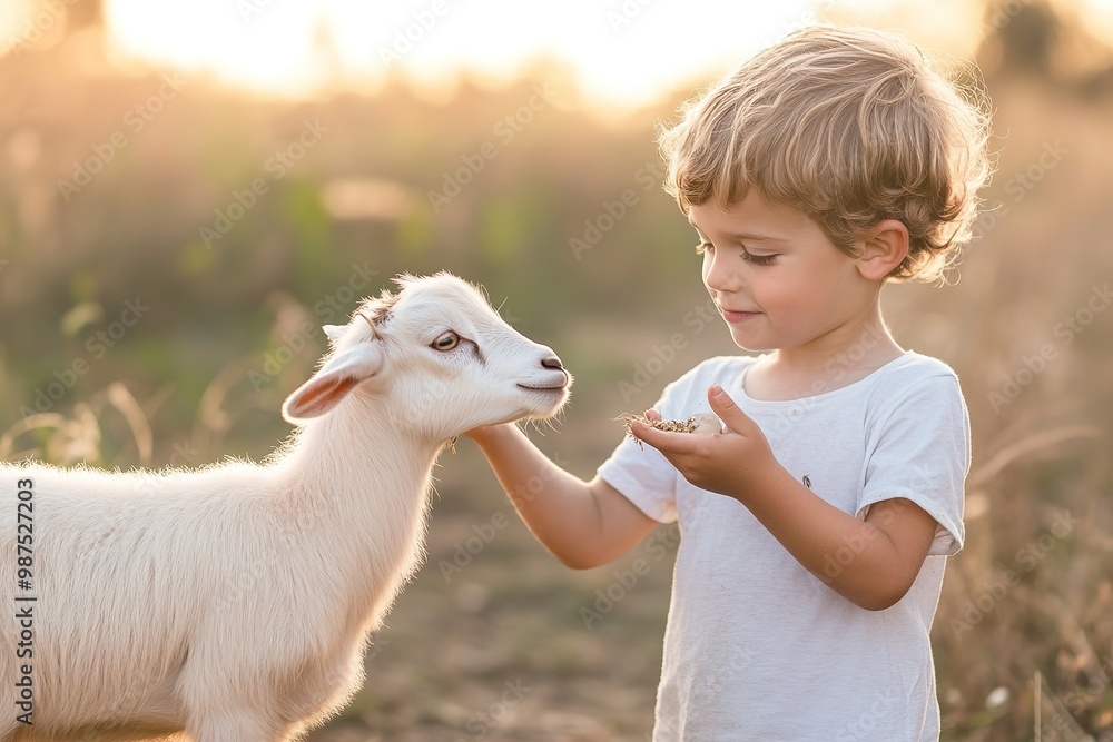 Child feeding goat in golden hour sunlight Child feeding goat in golden hour sunlight