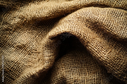 Close-up of Wrinkled Brown Burlap Fabric Texture photo