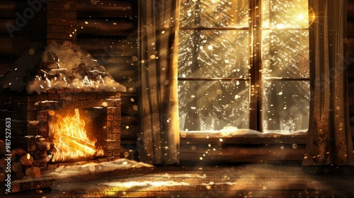 The room is warm and cozy, with snow falling outside the window