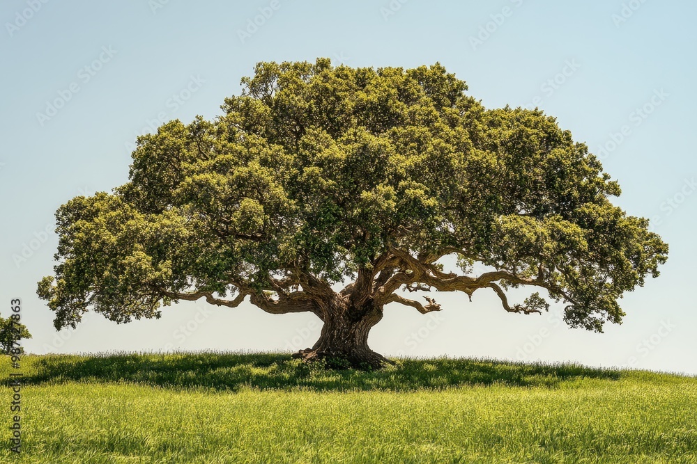 Fototapeta premium A Large, Majestic Oak Tree Stands Tall in a Field of Green Grass