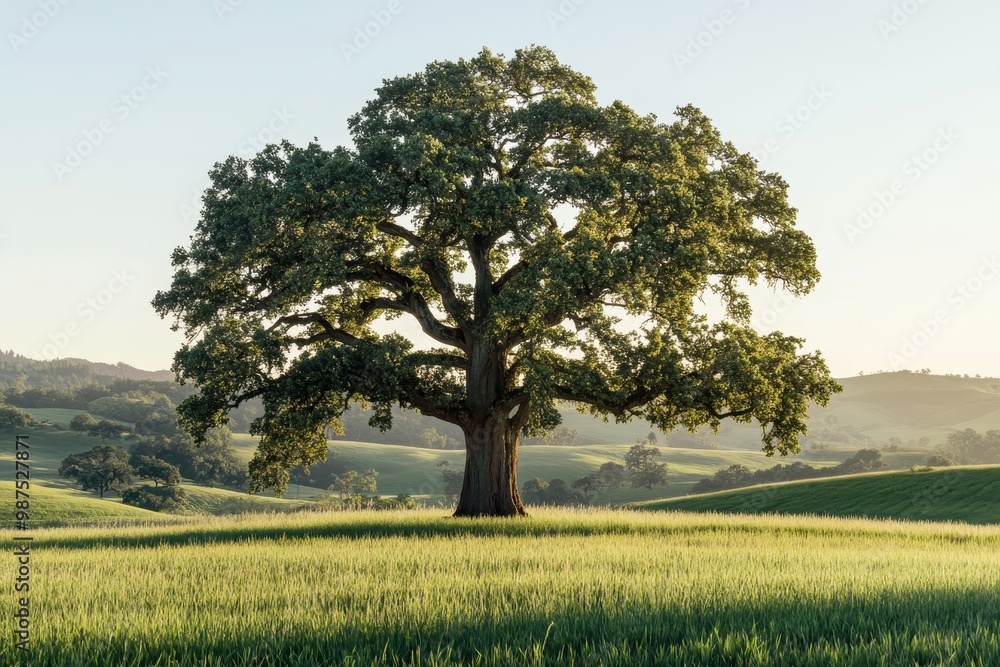 A Large Oak Tree Stands Tall in a Rolling Green Field A Large Oak Tree Stands Tall in a Rolling Green Field