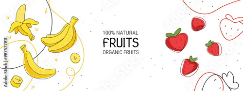 Color banner with different fruits , modern design for web and advertising. Hand drawn illustration design template with banana and strawberry in trendy doodle art style. Organic, natural