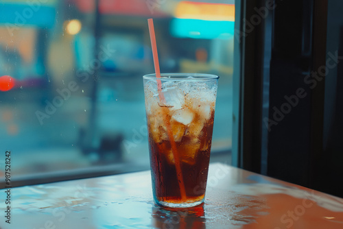 Image Glass With Ice Filled With Soda On Table In Advertising Photo Style Created With Artificial Intelligence