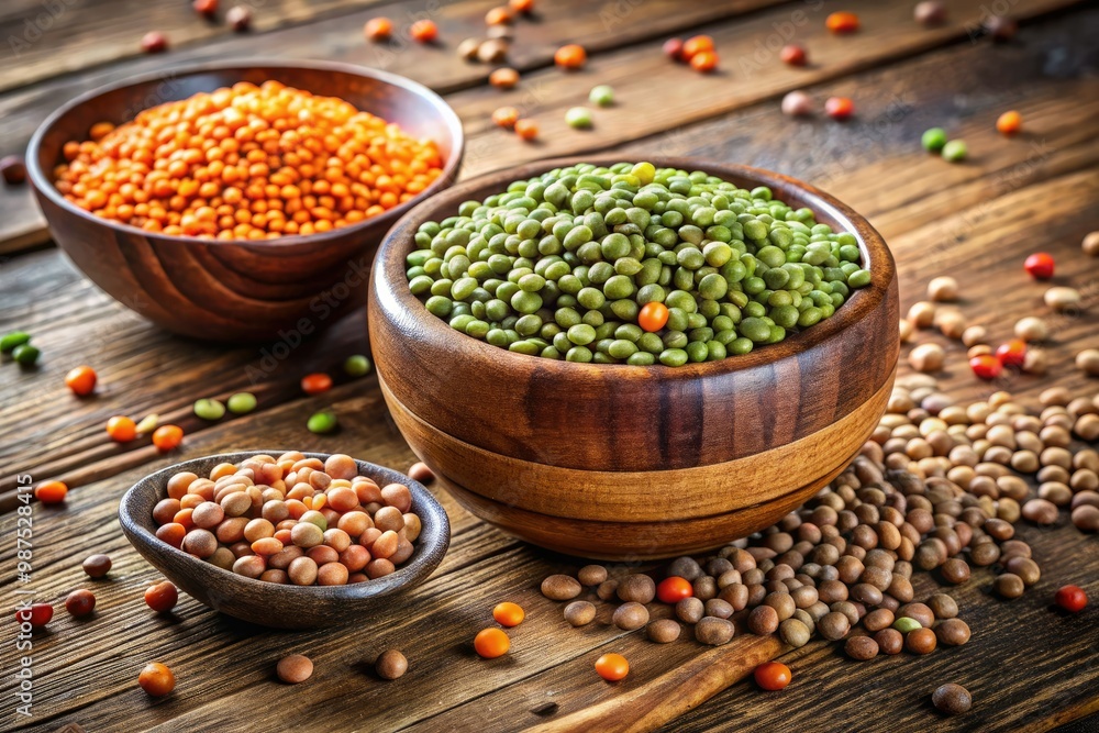 Colorful dried brown and green lentils in a wooden bowl on a rustic wooden table Colorful dried brown and green lentils in a wooden bowl on a rustic wooden table