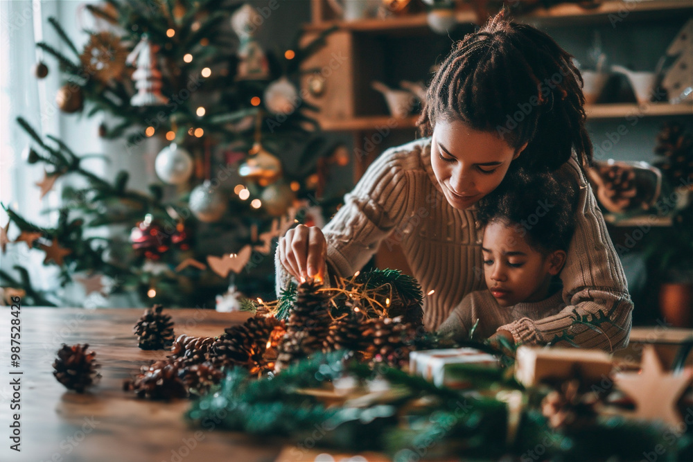 AI generated photo with a family creates homemade gifts and Christmas decorations. On a cozy home background in front of Christmas tree and lights AI generated photo with a family creates homemade gifts and Christmas decorations. On a cozy home background in front of Christmas tree and lights