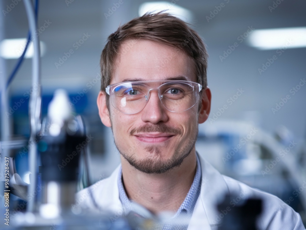 Lab scientist portrait. Young man with glasses smiling in a lab coat, working in a laboratory setting. Lab scientist portrait. Young man with glasses smiling in a lab coat, working in a laboratory setting.