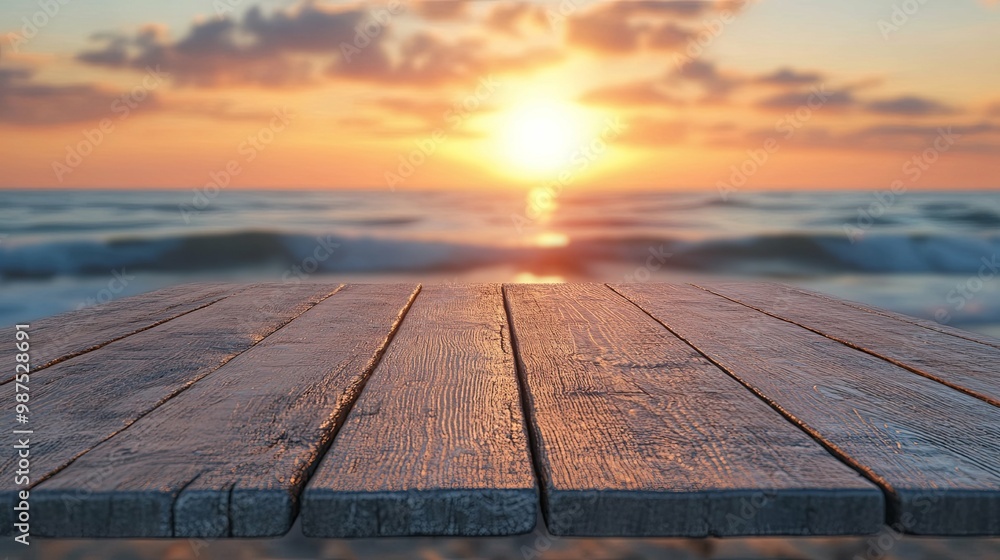 Wooden Tabletop with Sunset and Ocean Waves in Background Wooden Tabletop with Sunset and Ocean Waves in Background