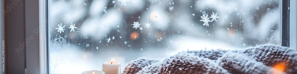 A frosted window adorned with delicate snowflakes showcases a cozy blanket and soft candles, creating a warm atmosphere amidst winter's chill A frosted window adorned with delicate snowflakes showcases a cozy blanket and soft candles, creating a warm atmosphere amidst winter's chill