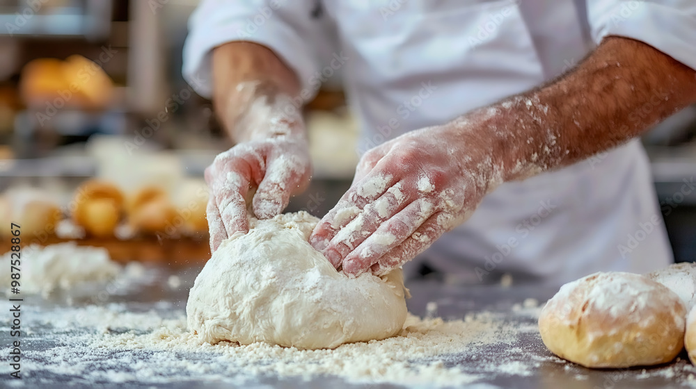 A baker kneads dough on a floured surface, showcasing skill and craftsmanship in preparing fresh bread. A baker kneads dough on a floured surface, showcasing skill and craftsmanship in preparing fresh bread.