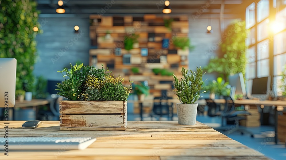 Wooden Desk with Plants and Blurred Background of Modern Office Wooden Desk with Plants and Blurred Background of Modern Office