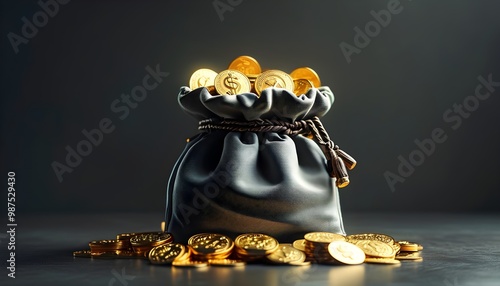 Chic money bag brimming with gold coins, epitomizing wealth, prosperity, and financial success in a contemporary environment photo