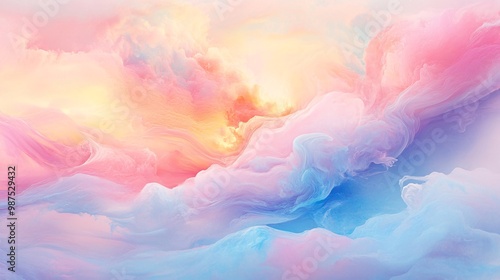 Abstract Watercolor Background with Pastel Pink Blue and Yellow Clouds