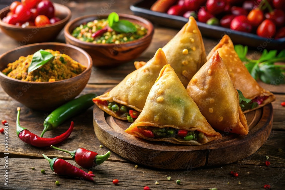 Crunchy pastry envelops a treasure of savory spices and tender vegetables, showcasing the perfect harmony of flavors and textures in close-up. Crunchy pastry envelops a treasure of savory spices and tender vegetables, showcasing the perfect harmony of flavors and textures in close-up.