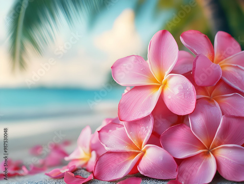 A cluster of vibrant pink plumeria flowers resting on sandy beach, with a soothing blurred ocean backdrop and palm leaves. photo