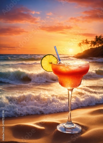 Cocktail on the beach at sunset. Colorful summer background. ai generative photo