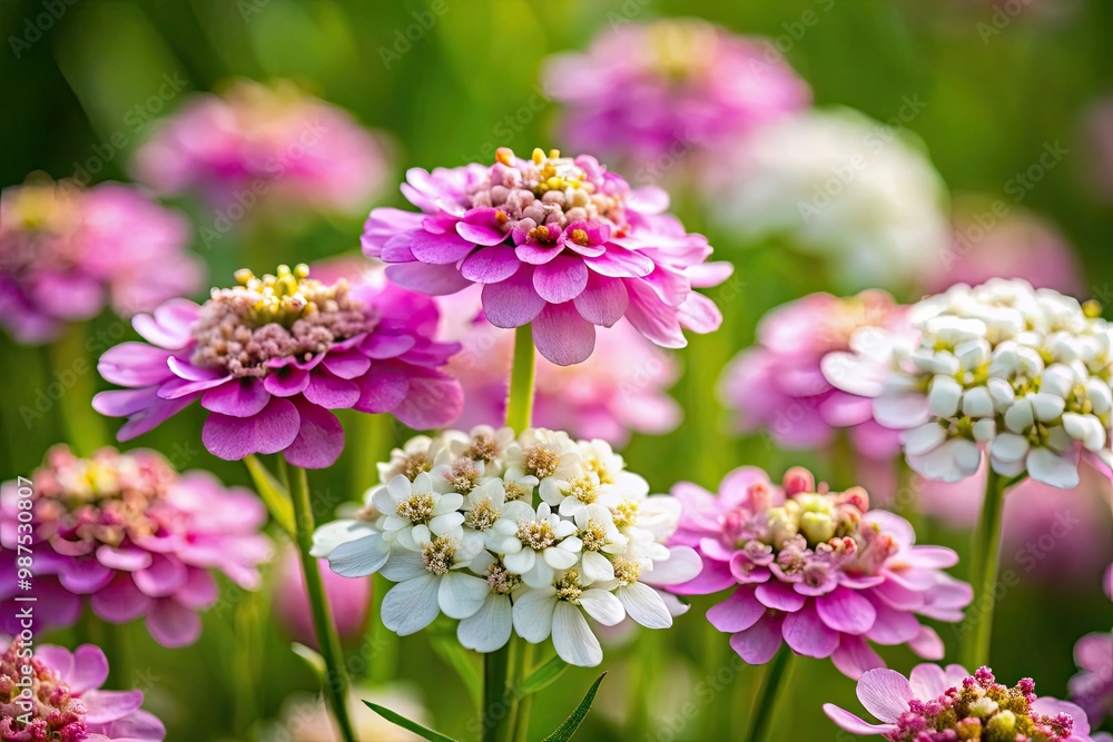 Delicate pink and white candytuft flowers bloom against a soft green background, their intricate petals unfolding like tiny works of art in gentle focus. Delicate pink and white candytuft flowers bloom against a soft green background, their intricate petals unfolding like tiny works of art in gentle focus.