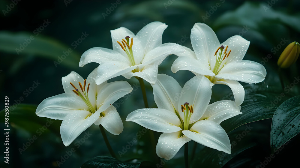Fototapeta premium Beautiful white lilies with droplets, showcasing elegance and purity in a serene garden setting.