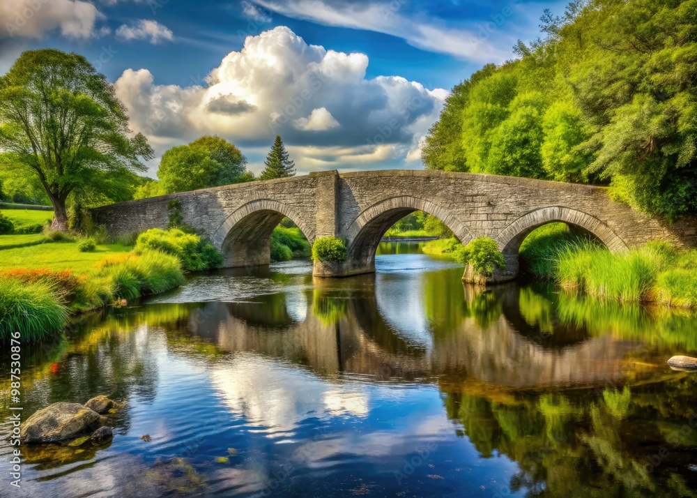 Delicate stone bridge and ancient archway span a serene river in the heart of Ireland's picturesque countryside, surrounded by lush greenery. Delicate stone bridge and ancient archway span a serene river in the heart of Ireland's picturesque countryside, surrounded by lush greenery.