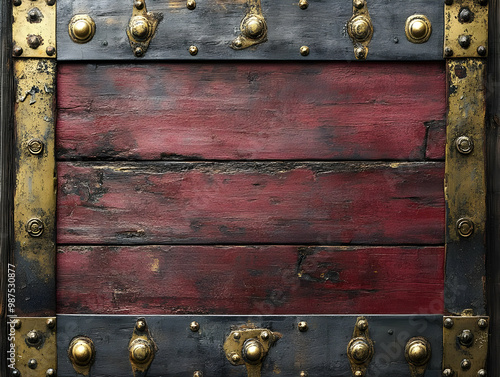 Antique wooden door with metal accents and studs, showcasing a rustic and vintage design. photo