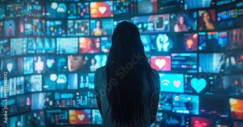 Backview Of Caucasian Woman Connecting to Animated Stream Of Content. Visualization Of Browsing Metaverse Big Data with Viral Videos, Social Media Profiles with Influencers, and Internet Communities.