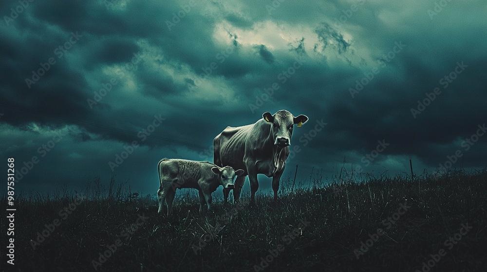 A pair of cows grazing on a green field beneath a cloudy sky with numerous clouds overhead A pair of cows grazing on a green field beneath a cloudy sky with numerous clouds overhead