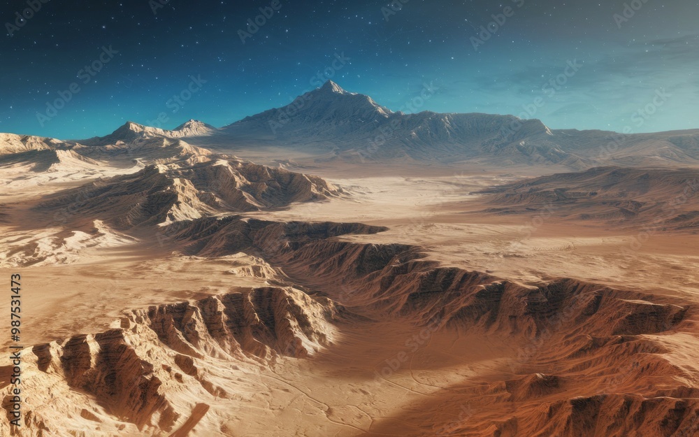 Naklejka premium Desert landscape mountains. Arid, rocky terrain with rugged peaks and valleys under a starry sky. The scene evokes a sense of solitude and vastness.