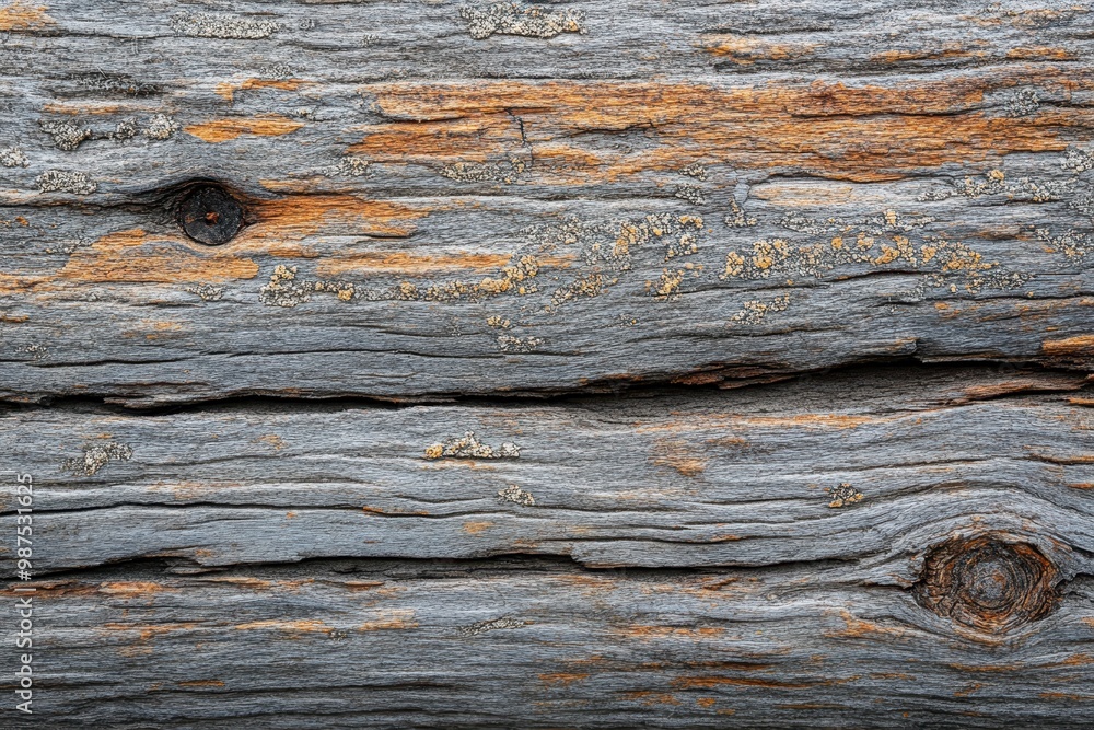 Close-up of Weathered Wood with Knots and Lichen Close-up of Weathered Wood with Knots and Lichen