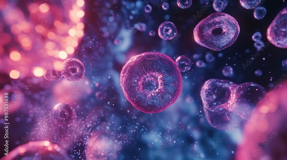Fototapeta premium Time-lapse animation of cells dividing under a microscope, symbolizing life, growth, and reproduction.
