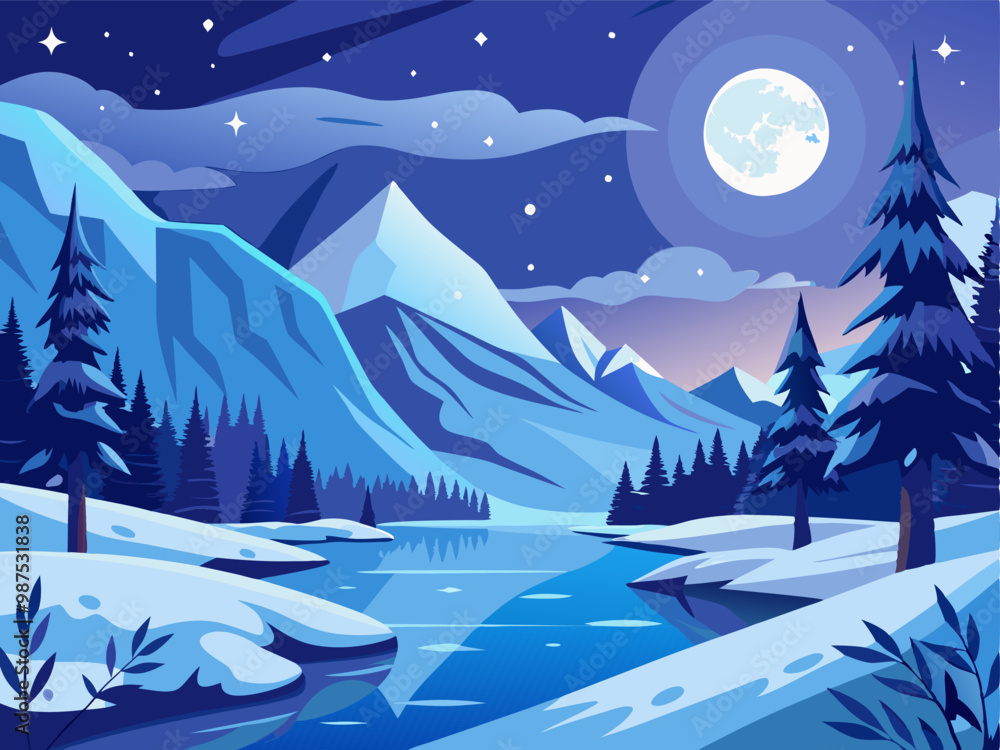 Naklejka premium Beautiful winter landscape. The moon over the mountains, forest and lake in snowy weather.