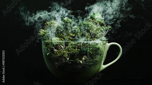  A cup filled with various plants emits smoke from its top photo