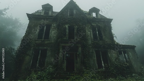   An abandoned building overgrown with ivy stands alone in the dense forest on a foggy day photo