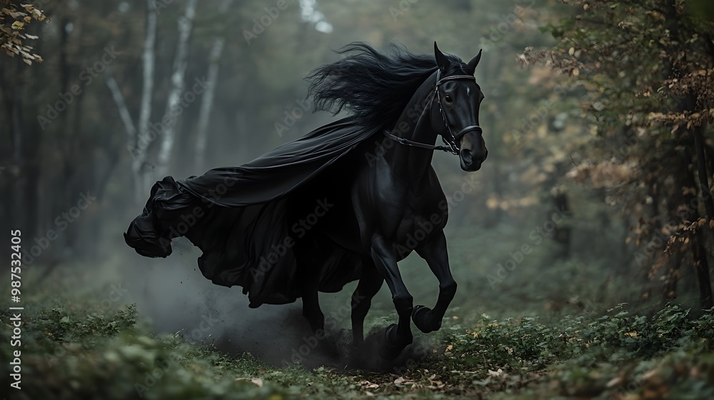 Obraz premium Dramatic image of a powerful black horse galloping at high speed through an autumnal forest wearing a flowing black witch s costume cape The scene has a moody mystical and supernatural atmosphere