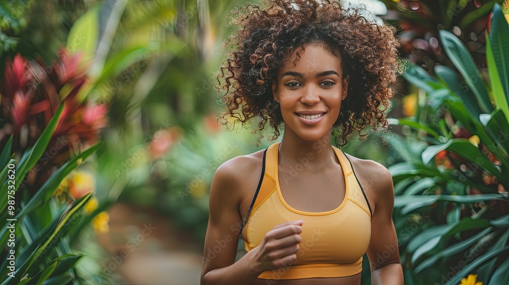 Smiling Woman with Curly Hair in a Yellow Sports Bra Standing in a Lush Green Forest Smiling Woman with Curly Hair in a Yellow Sports Bra Standing in a Lush Green Forest