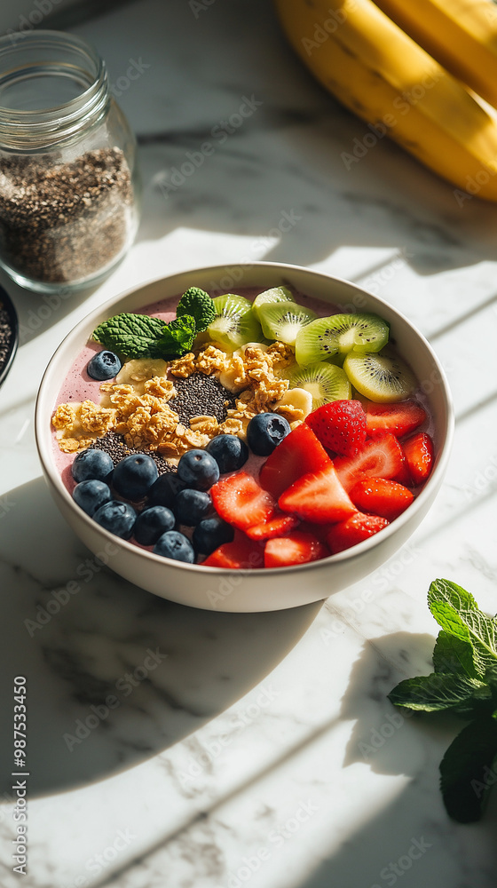 A close-up of a vibrant smoothie bowl on a marble countertop, filled with bright and fresh fruits like sliced strawberries, blueberries, and kiwi. The bowl is garnished with granola, seeds