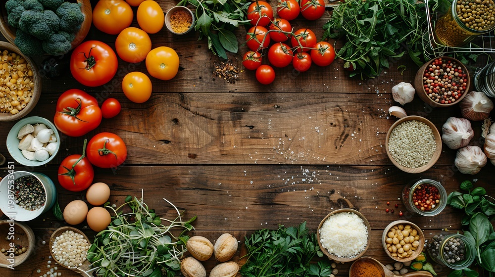 Rustic Wooden Table with Assorted Ingredients for Cooking