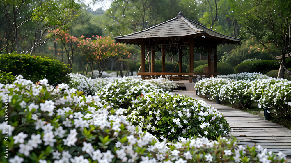 Serene Japanese Garden Path with White Flowers and Pavilion Serene Japanese Garden Path with White Flowers and Pavilion