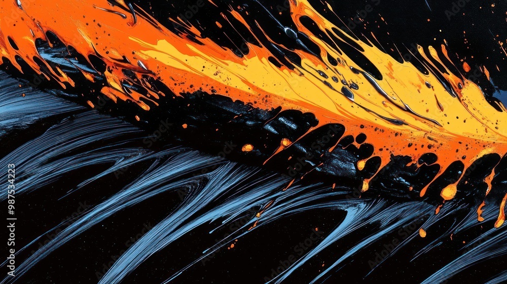 Abstract artwork featuring vibrant orange and blue splashes against a dark background. Abstract artwork featuring vibrant orange and blue splashes against a dark background.